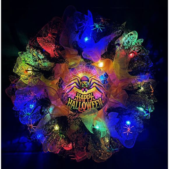 Light Up Halloween Wreath Multicolor Spiders Handmade Deco Mesh 24 Inch - Picture 1 of 10
